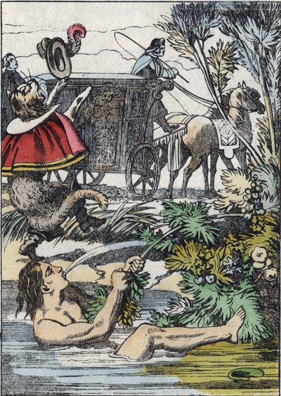 Markýz de Carabas předstírá, že se topí, zatímco kočka volá o pomoc. Ilustrace příběhu „The cat botte“ od Charlese Perraulta od Unknown artist