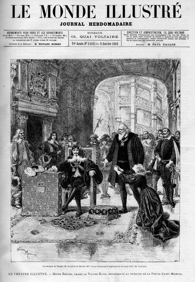 Marquis de Nangis (interpretoval Dumaine) a Marion (Sarah Bernhardt) prosící krále Ludvíka XIII (Garnier). Divadelní kus „“ Marion Delorme “, drama Victora Huga (1802-1885) zachycuje v divadle u dveří svatého Martina poté, co byl zakázán od Unknown artist