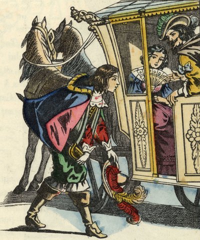 Markýz z Carabasu vítá krále a princeznu v jejich kočáru. Ilustrace příběhu „The cat botte“ od Charlese Perraulta od Unknown artist