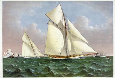 Loď Mayflower, plachetnice, která vyhrála regate Amerického poháru, je uvítána flotilou v New York Bay. 7.9.1886 litografie 19. století od Unknown artist