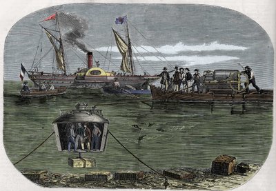 Potápěčský zvon „Nautilus“ Dr. Antoina Prospera Payerna experimentoval v Seině v Paříži a poté byl zdokonalen ve Spojených státech. Rytina (1858) v Le “” Monde illustrious””. od Unknown artist