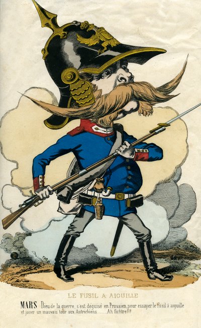 Jehlová puška - Portrét Otty Von Bismarcka (1815-1898) Pruský kancléř - Mars, bůh války, se jako Prus zklamal, když zkusil jehlovou pušku a zahrál Rakušanům špatný trik... Karikatura od Unknown artist