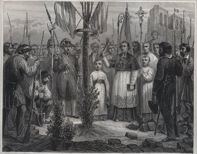 Plantáž stromu svobody během revoluce (Liberty pole) - Plantáž stromu svobody (topol) ve Francii během Francouzské revoluce - rytina v „Les Fastes Populaires, ou Histoire des actes heroiques du peuple et de son influence od Unknown artist