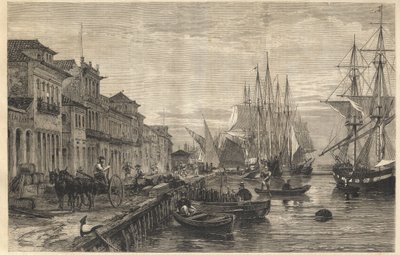 Nábřeží Boa Vista, v San Pedro de Rio Grande do Sul, námořní přístav Brazílie - Le quai de Belle-Vue, San Pedro de Rio Grande (Brazílie) - Kapitán Sao Pedro do Rio Grande do Sul - rytina z “ "Illustrous Universe"" 1866 od Unknown artist
