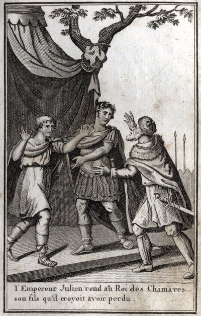 Římský císař Julian (Flavius Claudius Julianus, Julian Apostata, Julian the Philosopher, Julian II) (332-363) vrací králi germánského lidu Chamaves svého syna, o kterém si myslel, že ho ztratil. 4. století. Rytina „Beaute de l od Unknown artist