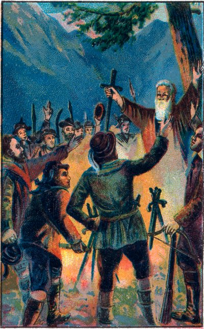 Rutlischwur (Rutliho přísaha) - legendární přísaha Staré švýcarské konfederace - Tři švýcarští konfederanti přísahají věrnost Ruetli - Le Oath du Grutli (Rutlischwur) (Patto del Grutli) zakládající mýtus Švýcarska v roce 1307 Chromolitografie konce od Unknown artist