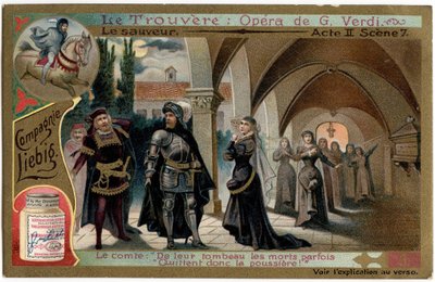 Scéna The Save Act II 7. Ilustrace k opeře „“ The find““ (Trovator) od Giuseppe Verdiho (1813-1901). Chromolitografie (Chromo) Liebig z konce 19. století. od Unknown artist