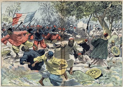 Súdánské jednotky Samory Toure (cca 1835-1900) byly umístěny za břehy řeky Cavalby francouzskou kolonií pod velením poručíka Walfela. Súdán, 9. září 1898. Ilustrace v „“Le Pelerin““ z 9. října od Unknown artist