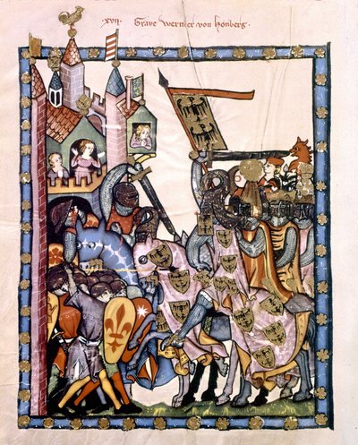 Švýcarský básník a rytíř Graf Werner von Homberg (1284-1320) ve službách císaře Jindřicha VII. obléhal pevnost bráněnou sicilskými vojsky Angevine. Miniatura kodexu „Manesse“ nebo „Manessesche Liederhandschrift“, kterým je rukopis od Unknown artist