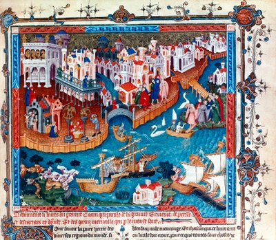 Benátský cestovatel Marco Polo opustil město Benátky se svým otcem a strýcem v roce 1271: zamířil na Dálný východ a vydal se po Hedvábné stezce, miniaturní od Unknown artist