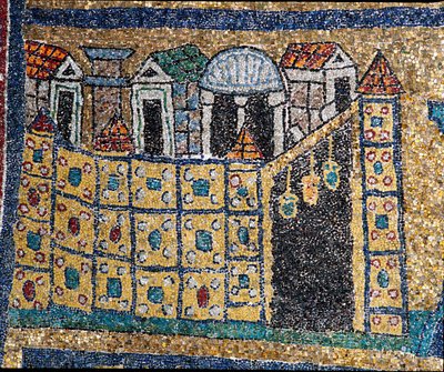 Vize nebeského Jeruzaléma: detail Jeruzaléma znázorněný v opevněné citaci. Mozaika kolem roku 830. Triumfální oblouk baziliky Santa Prassede, Řím od Unknown artist
