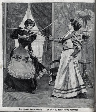 Následky rivality: souboj s mečem mezi ženami. Gravírování v „“Le Parisien““ od Unknown artist