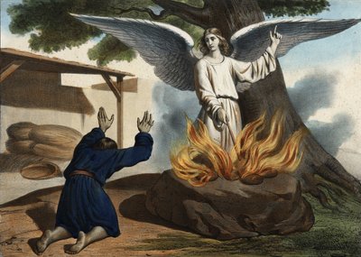 Anděl zjevující se v Gedeonu (Gideon), aby osvobodil lid Izraele z okupace Madianity. Anonymní rytina z poloviny 19. století. od Unknown artist