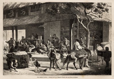 Animace domu a aktivity na ulici. Rytina pro ilustraci plavby do Japonska v letech 1863-1864 od Aime Humberta, ministra Švýcarské konfederace, v „“Le tour du monde, nouveau journal des voyages““ vydaném pod vedením od Unknown artist