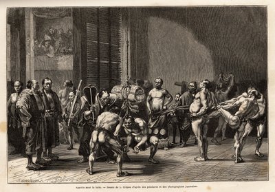 Učenci pro zápas sumo se před bojem zahřejí, protáhnou, upraví a soustředí. Rytina pro ilustraci cesty do Japonska od Aime Humberta, ministra Švýcarské konfederace, v letech 1863-1864, publikovaná v „“ le tour du monde““, od Unknown artist
