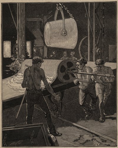 Umění skla: výroba zmrzliny. Krok zvaný „velký tok“. Rytina z roku 1885 v „“Les arts et metiers illustres““ od Adolphe BITARDA. od Unknown artist