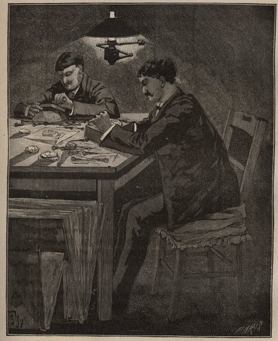 Umění lapidária: rytí mušle (kamee-shell). Rytina z roku 1885 v „“Les arts et metiers illustres““ od Adolphe BITARDA. od Unknown artist