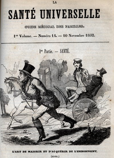 Umění zhubnout a získat nadváhu: jeden muž chodí, zatímco druhý je přepravován v kočáru - rytina v „La Sante Universelle - Guide Medical des Familles““ 1852 od Unknown artist