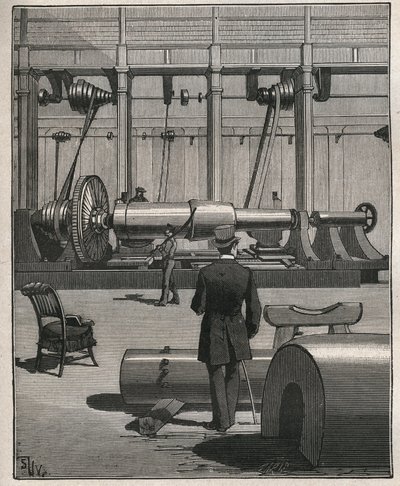Umění prohlídky: střílet z ocelového monstrózního děla. Rytina z roku 1885 v „“Les arts et metiers illustres““ od Adolphe BITARDA. od Unknown artist