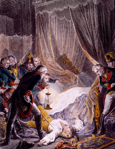 Atentát na Pavla I. Petroviče (1754-1801), ruského cara v jeho pokoji v Paláci svatého Michala poté, co byl nucen podepsat svou abdikaci. Rytina kolem roku 1801. Soukromá sbírka od Unknown artist