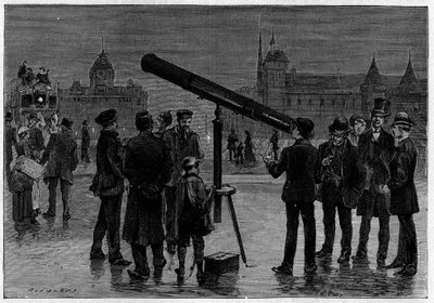 Astronom a jeho astronomická luneta na Place du Chatelet v Paříži v době pozorování planety Venuše, v únoru 1889. Rytina „“ La Nature. Revue des sciences et de ses applications aux arts et a l