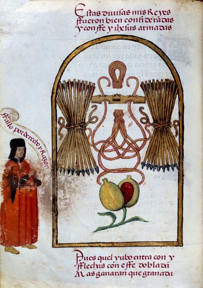 Náramek a šípy. Znak katolických králů (Miniatura v „“Devocionario de la Reyna Da Juana a Quien Llamaron la Loca”” od Pedra Marcuella od Unknown artist