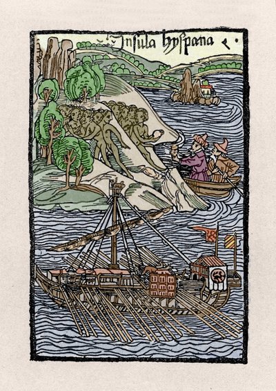 Barkage at Hispaniola Christopher Columbus (1451-1506). Rytina z “” De insulis in mare Indico super inventis””, Bale 1493-1494 (latinský překlad Kolumbovy zprávy španělskému králi). od Unknown artist
