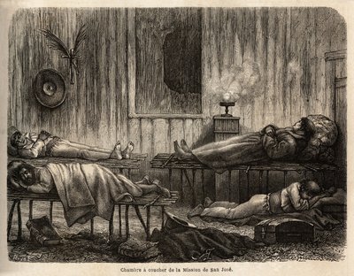 Ložnice křesťanské misie San Jose (Peru), která přivítá autora během jeho cesty. Rytina pro ilustraci cesty z Tichého oceánu do L