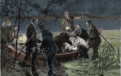 Tělo Ludvíka (Ludwiga) II. z Baviere Wittelsbach (1845-1886) nalezne utopené s Dr. Guddenem v jezeře Starnberg poblíž hradu Berg v červnu 1886 Rytina od Unknown artist