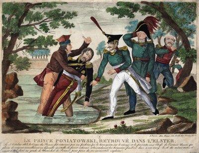 Tělo prince Josepha (Jozef) Antoniho Poniatowského (1763) nalezeno v řece Eelster dne 23. října 1813, rytina doby od Unknown artist