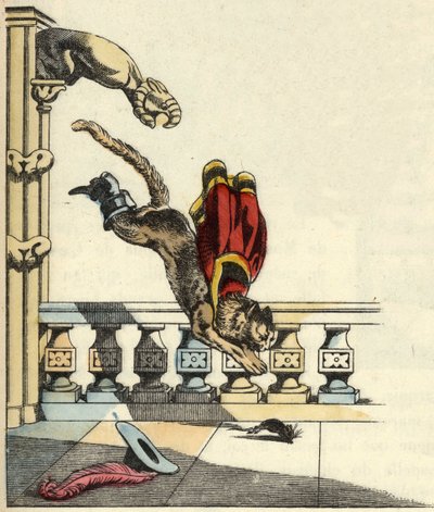 Botová kočka, která požádala zlobra, aby se proměnil v myš, skočí, aby ji sežral. Ilustrace příběhu Charlese Perraulta „Le chat botte“ od Unknown artist