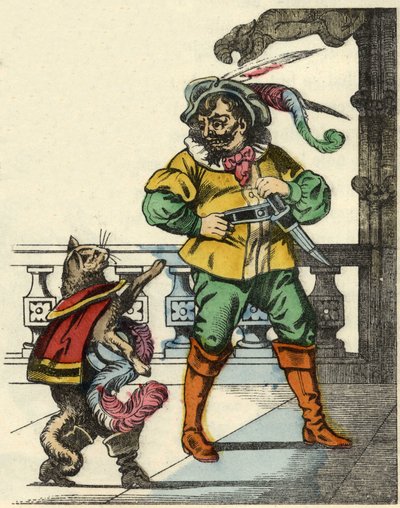 Kočka se setká se zlobrem. Ilustrace příběhu „The cat botte“ od Charlese Perraulta od Unknown artist