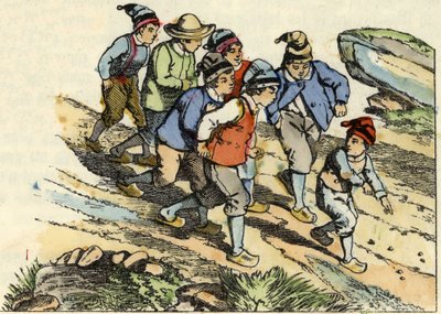 Bratři následují Malého Pouleta, který na cestu zasel bílé oblázky. Ilustrace příběhu „Le Petit Poucet““ od Charlese Perraulta od Unknown artist