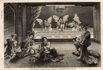 Motýlí balet v divadle Gankiro v Miyozaki Pleasure District v Jokohamě. Rytina k ilustraci cesty do Japonska od Aime Humberta, ministra Švýcarské konfederace, v letech 1863-1864, publikovaná v „“ le tour du monde““, pod dire od Unknown artist