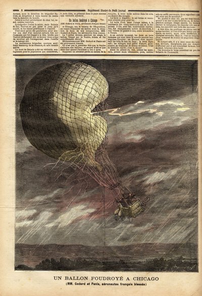 Zajatý balon (captive balloon) francouzských pánů Godarda a Panise, obětí nehody způsobené bouří 7. července, na půdě Světové výstavy v Chicagu, v plném letu, balon byl zasažen a zasažen, přičemž došlo ke zranění dva letci gr od Unknown artist
