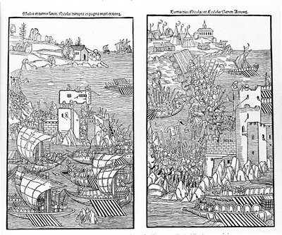 Dobytí Rhodosu Turky v roce 1522. Turci zaútočí na pevnost sv. Mikuláše. Dřevorytectví. od Unknown artist