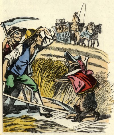 Kočka nutí rolníky, aby řekli, že pole, na kterém sekají pšenici, patří markýzi de Carabas. Ilustrace příběhu „The cat botte“ od Charlese Perraulta od Unknown artist