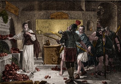 Římské katakomby sloužily k pohřbívání křesťanských mučedníků v prvním století, aniž by narazili na nějaké překážky ze strany Římanů. Kolem roku 257, za vlády císaře Valeriana, začalo pronásledování mrtvých a mnoho křesťanů bylo pronásledováno a loveno. od Unknown artist