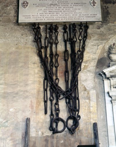 Řetězy, které uzavřely přístav v Pise. Zajali je Janové během vítězství Melorie nad Korsikou v roce 1284 a poté je dali Florencii a vrátili se do města Pisa v roce 1858. Pisa Camposanto. od Unknown artist