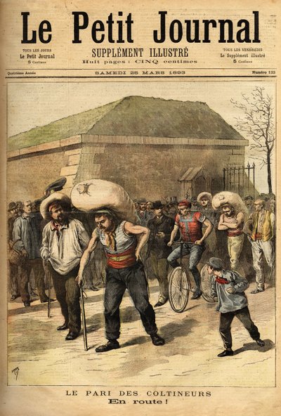 Sázka koltinerů, pytel o hmotnosti 100 kilogramů, sázka spočívá v pěším spojení Paříže a Corbeilu (32 kilometrů), vítěz Jean Labas zvládl závod za 14 hodin (12 hodin před druhým). Rytina v „“ Le petit journal““ 25.3.1893. Selva od Unknown artist
