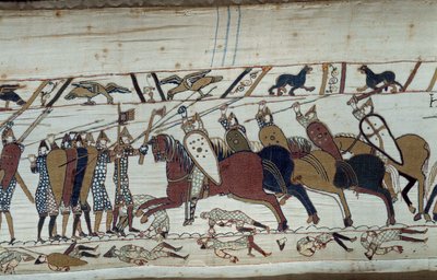 Dobytí Anglie vévodou z Normandie Vilémem Dobyvatelem (1027-1087) v roce 1066: scéna bitvy u Hastingsu proti normanské pěchotě proti saské jízdě Detail tapiserie z Bayeux nebo výšivky královny Mathildy od Unknown artist