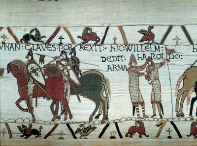 Dobytí Bretaně vévodou z Normandie Vilémem Dobyvatelem (1027-1087): vlevo vévoda dostává klíče od města Dinan, vpravo dělá rytíře Harolda, vyslaného anglickým králem Edwardem Vyznavačem Detail z tapisérie z od Unknown artist