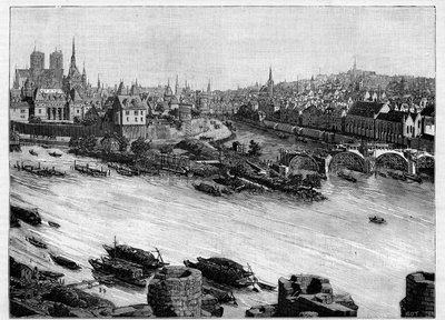 Stavba mostu Pont Neuf v Paříži procházející náměstím du Vert-Galant na konci Ile de la Cite. První práce v roce 1578. Rytina v „“ Le Monde illustrious““ od Unknown artist