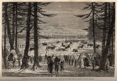 Korál pro lov sobů v Co-Yukon (co-Yukon nebo co-Youkouk) (indický kmen v extrémní severní Kanadě). Rytina pro ilustraci plavby a dobrodružství v anglické Kolumbii, na ostrově Vancouver a na Aljašce, Frederick Whymper od Unknown artist