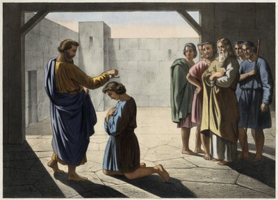Korunovace Davida: Samuel jmenuje Davida králem Izraele. Anonymní rytina 19. století. od Unknown artist