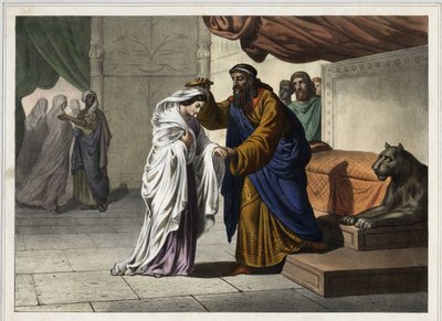 Korunovace Ester: Perský král Assuerus 1. (Xerxes 1.) korunuje svou manželku Ester. Anonymní rytina 19. století. od Unknown artist