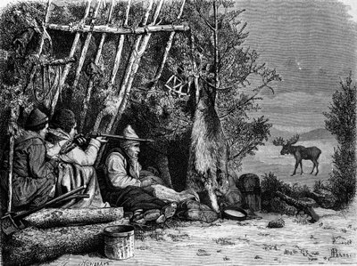Každodenní život lovců (profesionálních lovců) v Kanadě: dva lovci karibu. Rytina 19. století. od Unknown artist