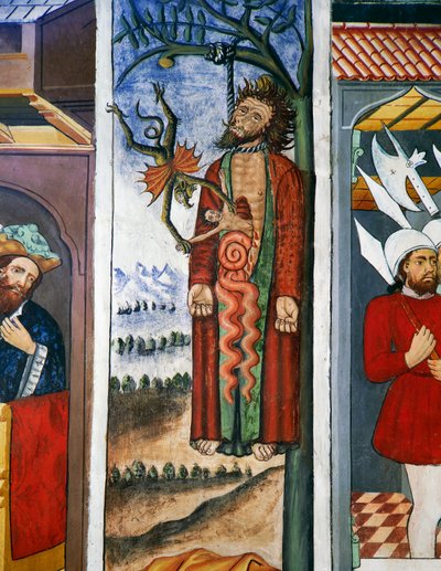 Jidášova smrt, život Kristův (15. století), fresky, kaple sv. Šebestiána, Villard-de-Lans, Rhone-Alpes, Francie. od Unknown artist