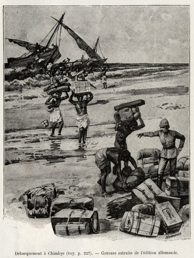 Vylodění v Chimbye (Tanzanie) Petersovy expedice. Rytina k ilustraci příběhu „Au secours d