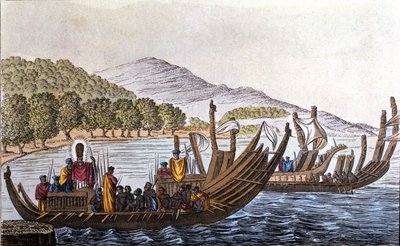 Oddělení Polynésanů pro Pacifik na palubě dvoutrupých kánoí. Litografie z počátku 19. století od Unknown artist